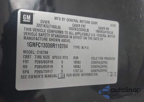 2008 Chevrolet Tahoe Lt from USA, damaged, VIN 1GNFC13038R110784
